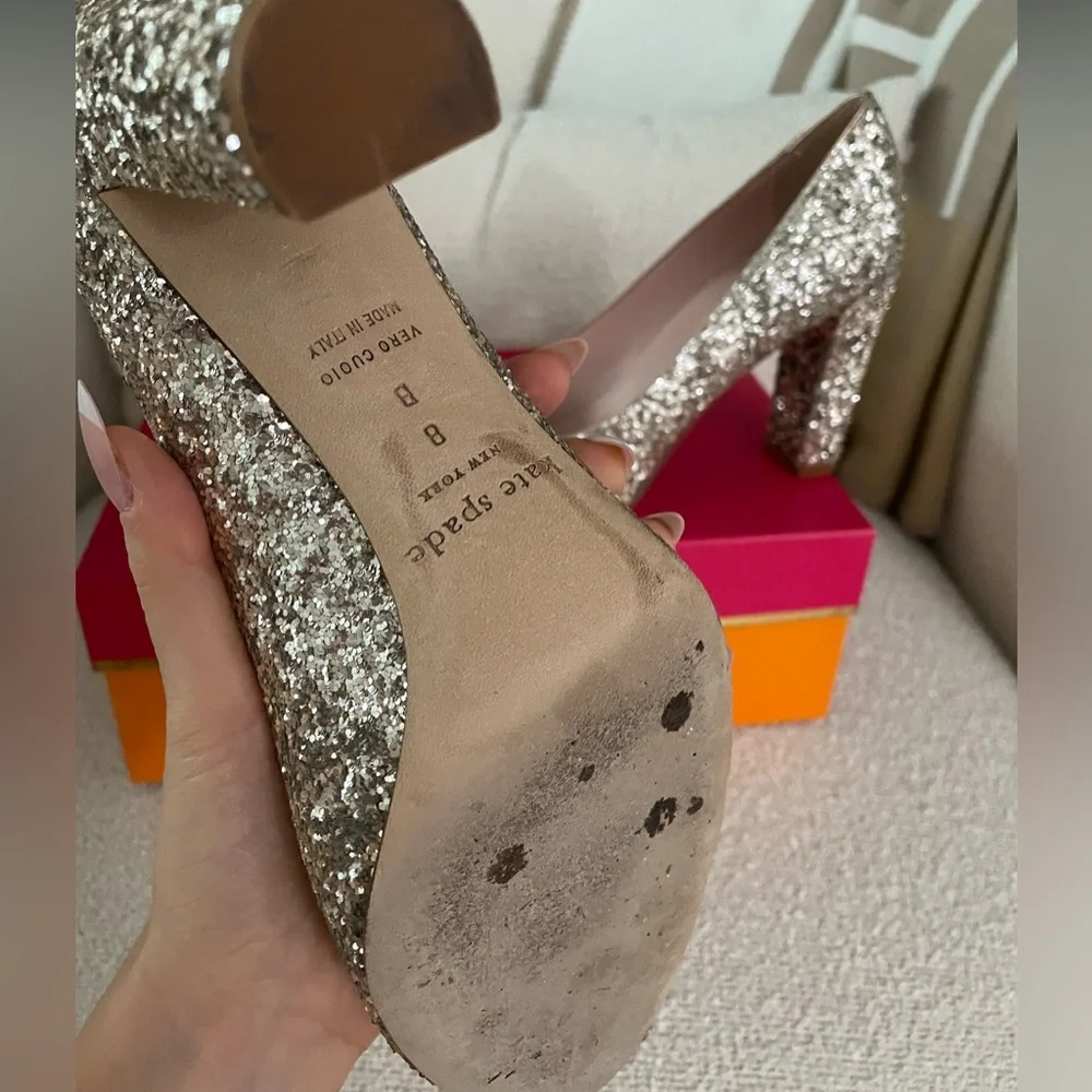 Kate‎ Spade Silver Glitter Sparkly Round Toe Chunky Heel Pump